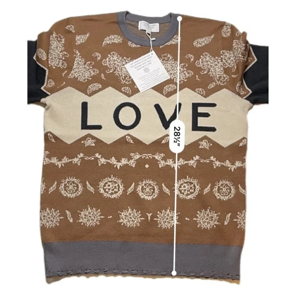 NWT The Hideout Clothing Co Men’s Brown Cream LOVE Crew Neck Sweater - Size S